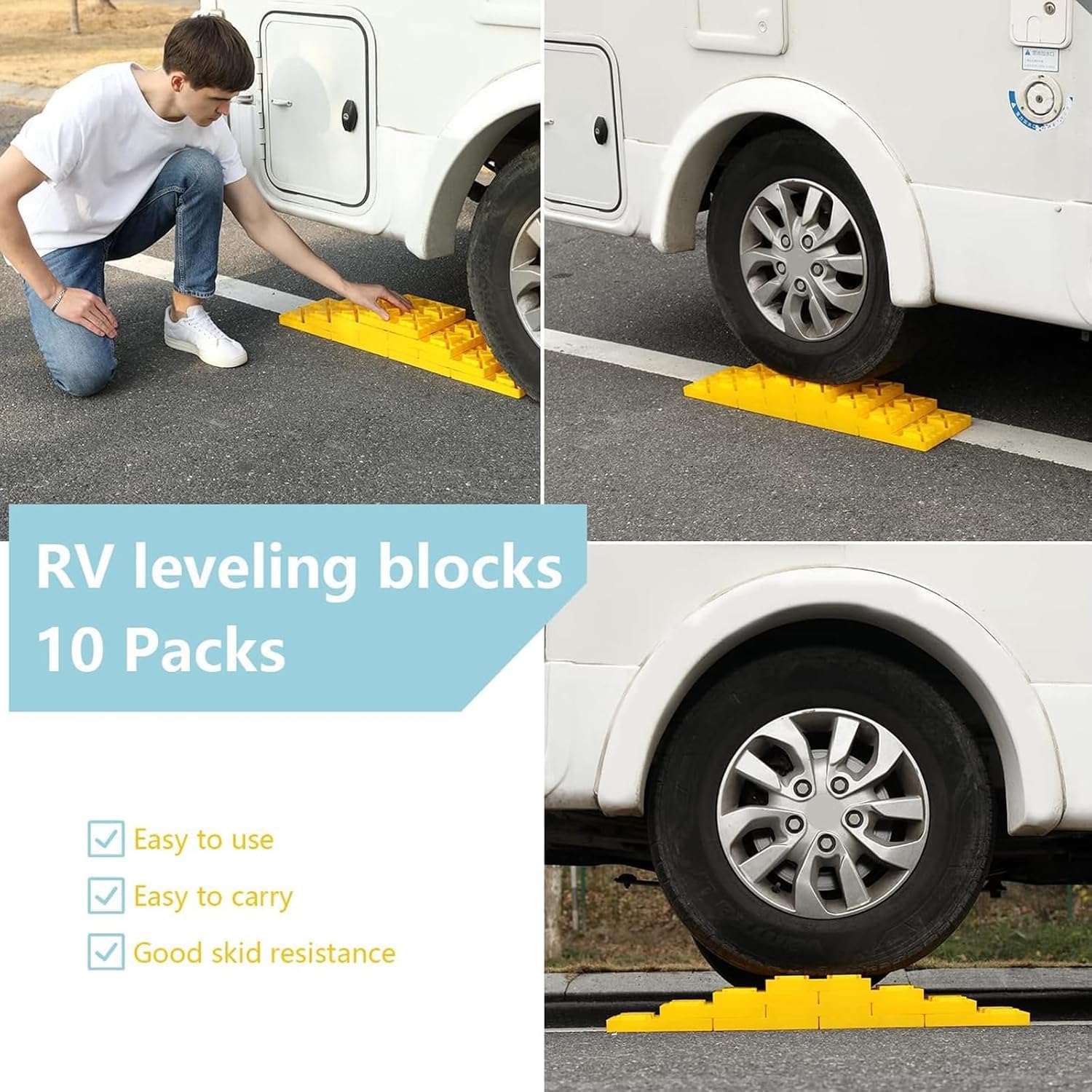 Homeon Wheels 10 Packs Rv/Camper Leveling Blocks, Chocks Anti-Slip Pads Design Include Camper Levelers and Carrying Bag for Camper Travel Trailer - Yellow